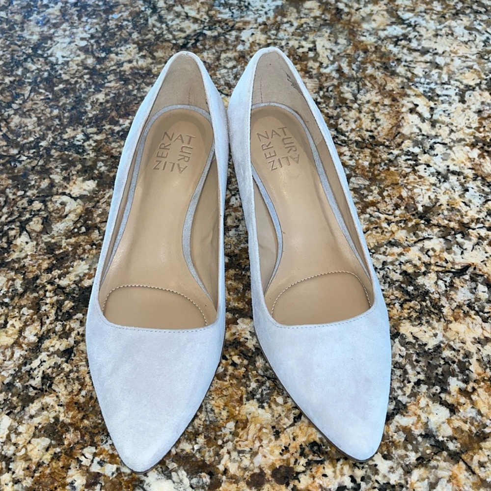 Gray suede kitten heel